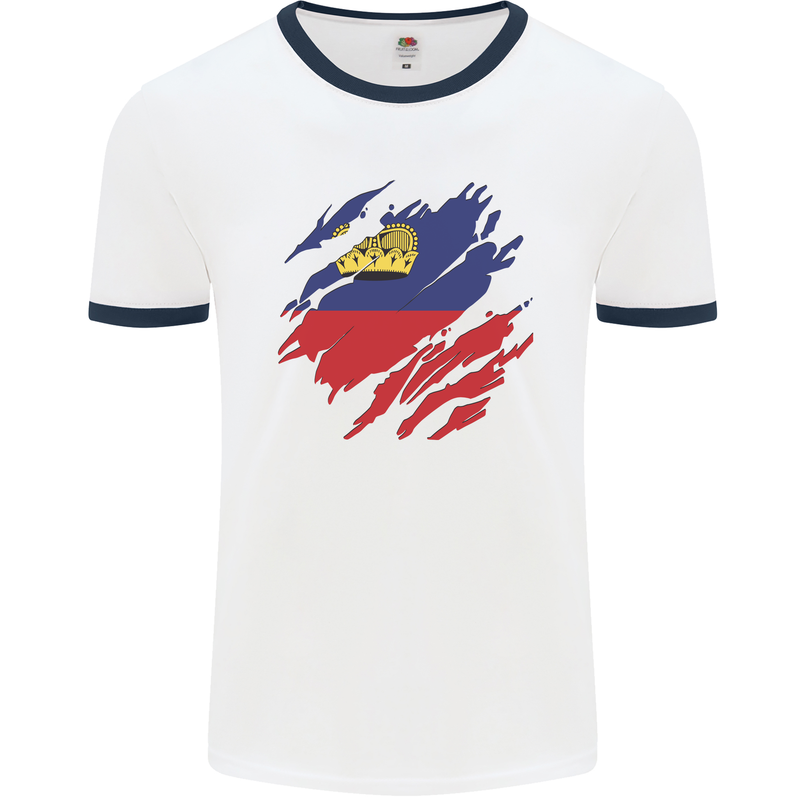 Torn Liechtenstein Flag Liechtensteiner Day Football Mens Ringer T-Shirt White/Navy Blue