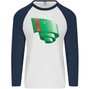Curled Turkmenistan Flag The Turkmen Day Football Mens L/S Baseball T-Shirt White/Navy Blue