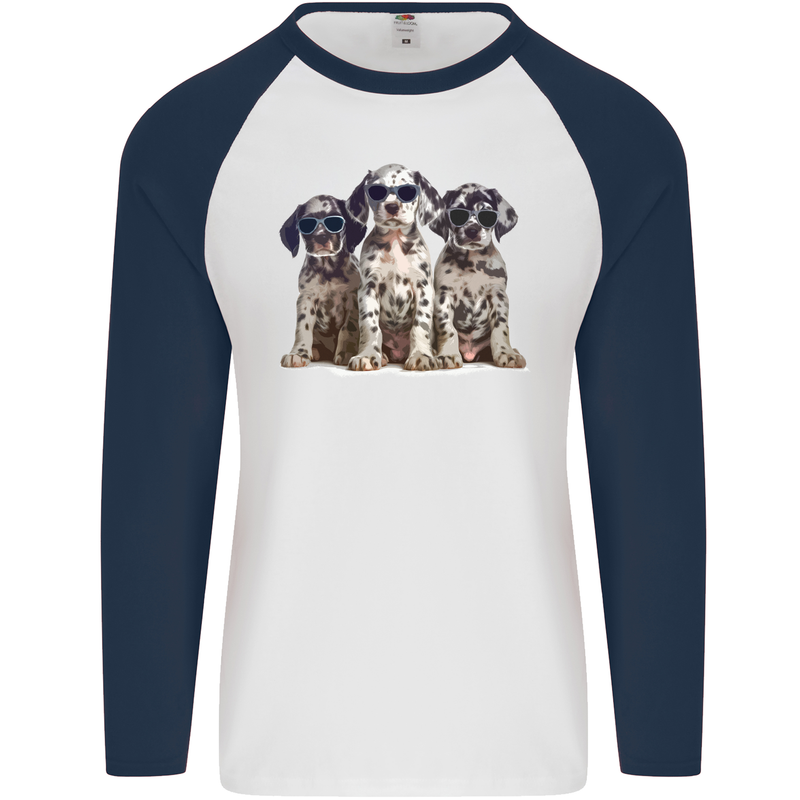 3 Cool Dalmatian Puppy's Dogs Mens L/S Baseball T-Shirt White/Navy Blue