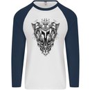 Viking Helmet Valhalla Gym Training Top Mens L/S Baseball T-Shirt White/Navy Blue