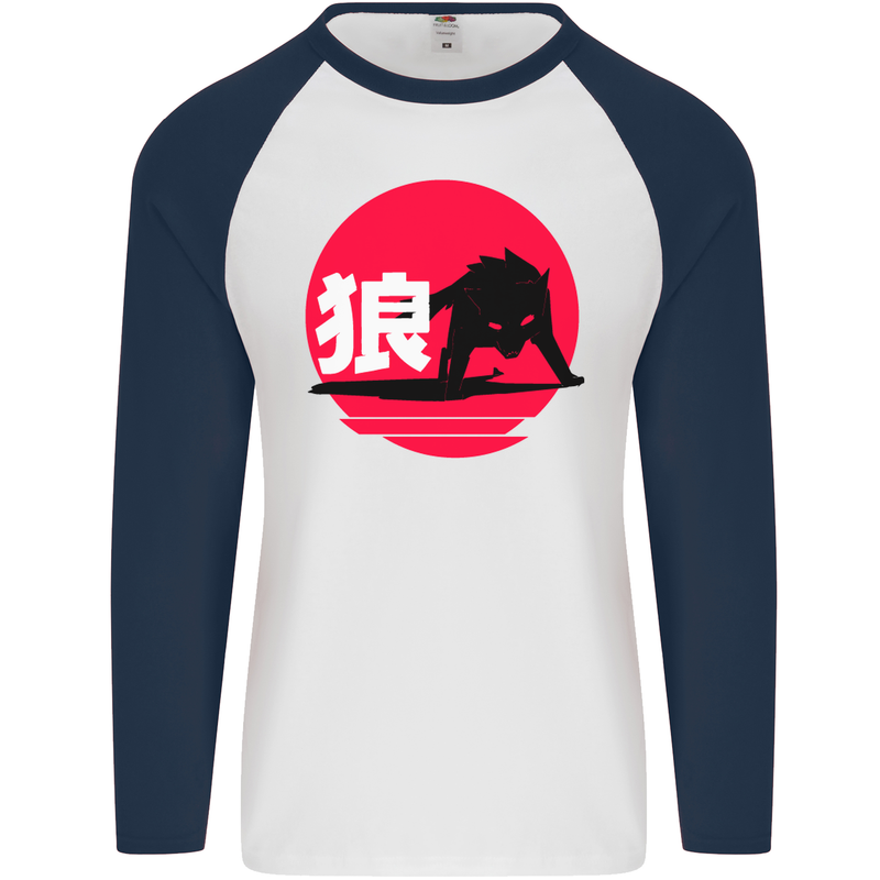 Japanese Wolf Japan Mens L/S Baseball T-Shirt White/Navy Blue