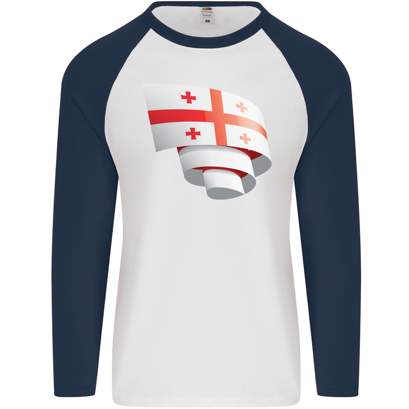 Curled Georgia Flag Georgian Day Football Mens L/S Baseball T-Shirt White/Navy Blue