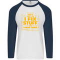 I Fix Stuff Funny Carpenter DIY Tradesman Mens L/S Baseball T-Shirt White/Navy Blue