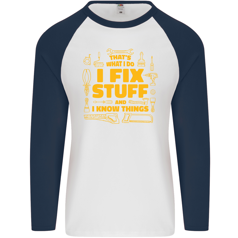 I Fix Stuff Funny Carpenter DIY Tradesman Mens L/S Baseball T-Shirt White/Navy Blue