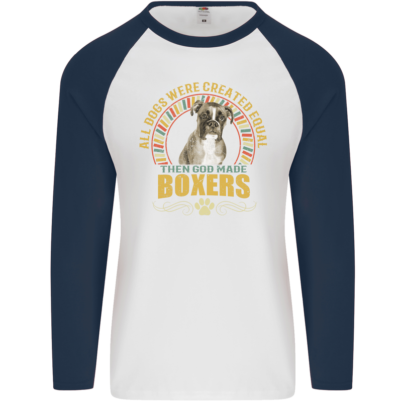 A Boxer Dog Mens L/S Baseball T-Shirt White/Navy Blue