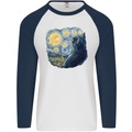 Cat Vangogh Funny Feline Painting Mens L/S Baseball T-Shirt White/Navy Blue