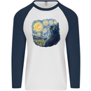 Cat Vangogh Funny Feline Painting Mens L/S Baseball T-Shirt White/Navy Blue