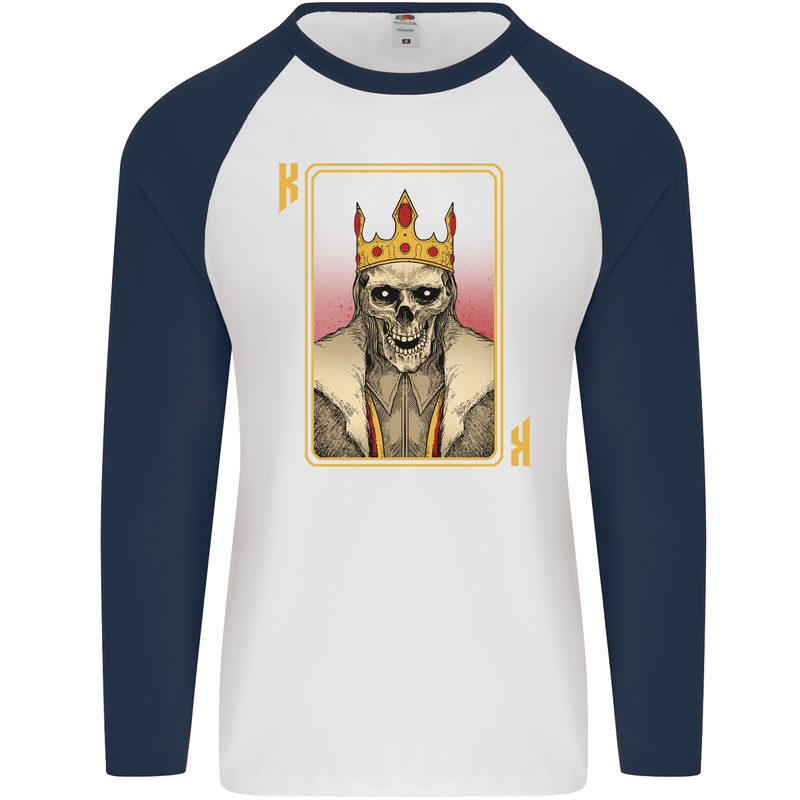 King Playing Card Gothic Skull Poker Mens L/S Baseball T-Shirt White/Navy Blue