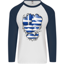 Gym The Greek Flag Ripped Muscles Greece Mens L/S Baseball T-Shirt White/Navy Blue
