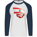 Curled Lebanon Flag Lebanese Day Football Mens L/S Baseball T-Shirt White/Navy Blue