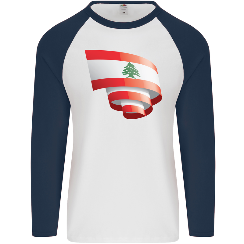 Curled Lebanon Flag Lebanese Day Football Mens L/S Baseball T-Shirt White/Navy Blue