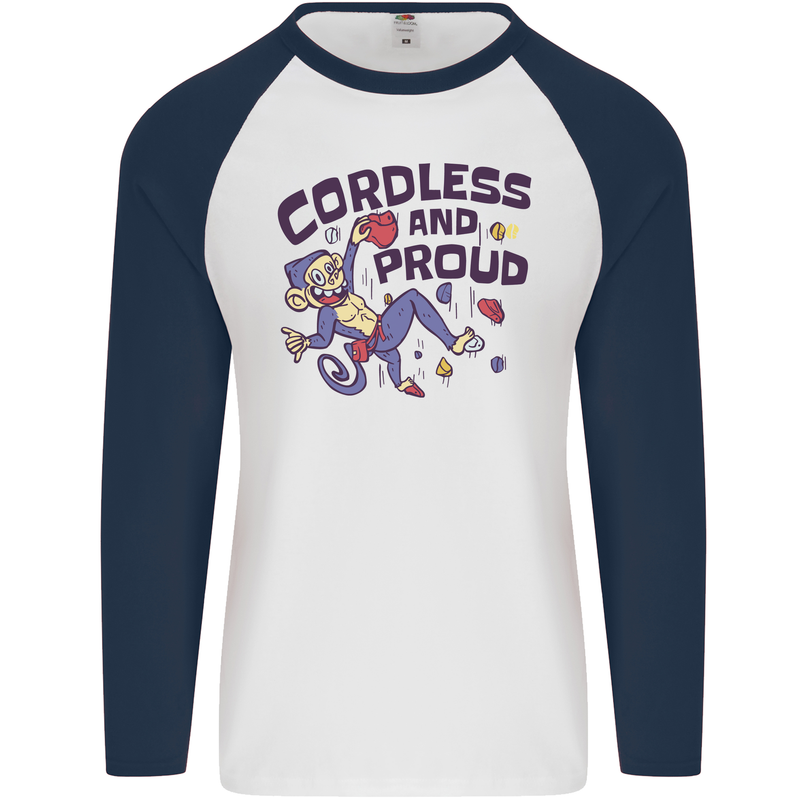 Cordless & Proud Rock Climbing Monkey Mens L/S Baseball T-Shirt White/Navy Blue