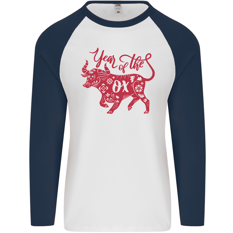 Chinese Zodiac Shengxiao Year of the Ox Mens L/S Baseball T-Shirt White/Navy Blue