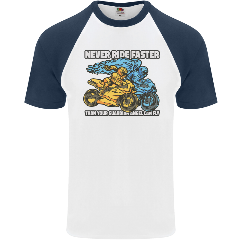 Bike Safety Motorbike Biker Motorcycle Mens S/S Baseball T-Shirt White/Navy Blue