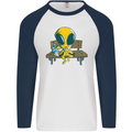 An Alien Eating Magic Mushrooms LSD Mens L/S Baseball T-Shirt White/Navy Blue