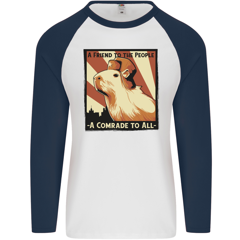 Capybara Comrade Mens L/S Baseball T-Shirt White/Navy Blue