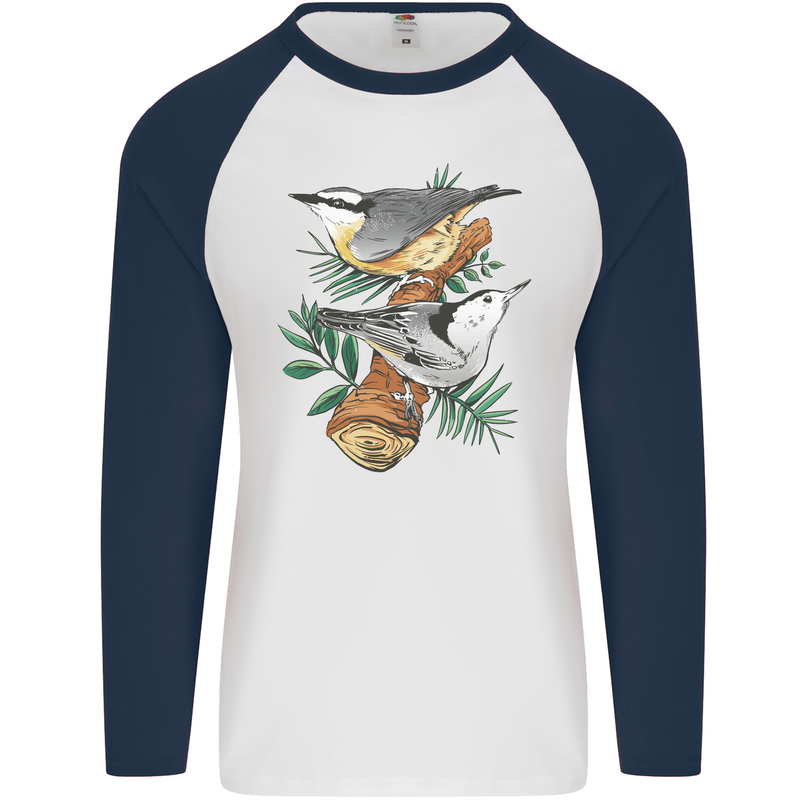 Nuthatch Garden Bird Watching Mens L/S Baseball T-Shirt White/Navy Blue