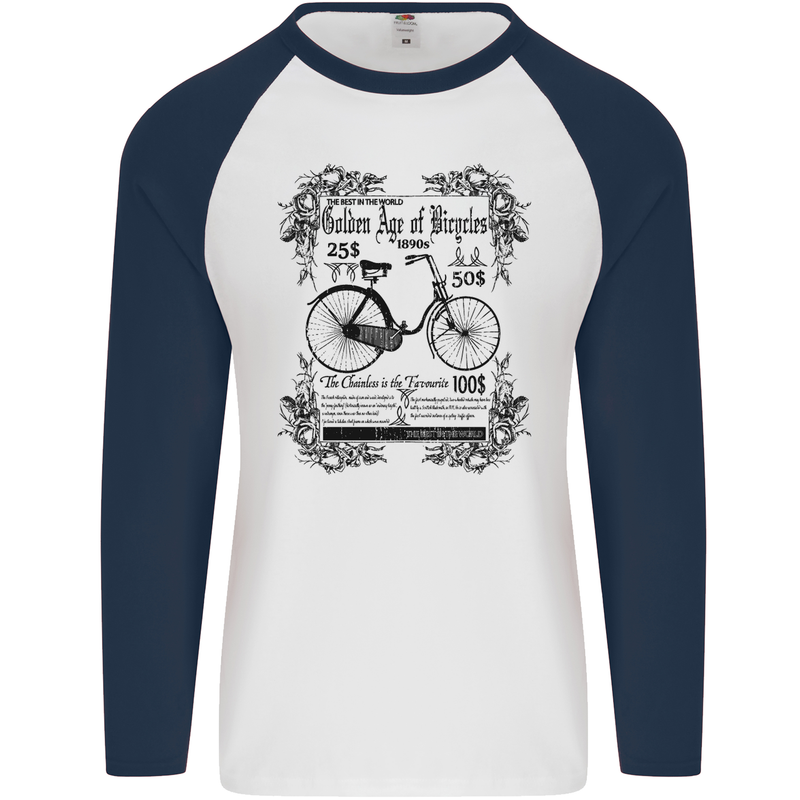 The Golden Age of Bicycles Cyclist Cycling Mens L/S Baseball T-Shirt White/Navy Blue