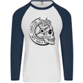 No Pain No Gain Devil Skull Gym Training Mens L/S Baseball T-Shirt White/Navy Blue