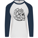 No Pain No Gain Devil Skull Gym Training Mens L/S Baseball T-Shirt White/Navy Blue