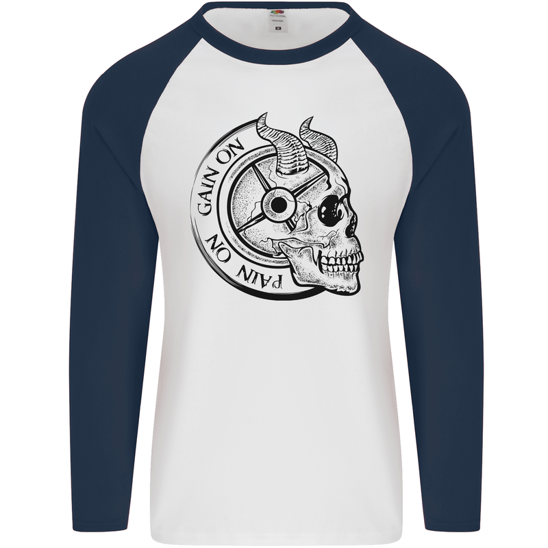 No Pain No Gain Devil Skull Gym Training Mens L/S Baseball T-Shirt White/Navy Blue