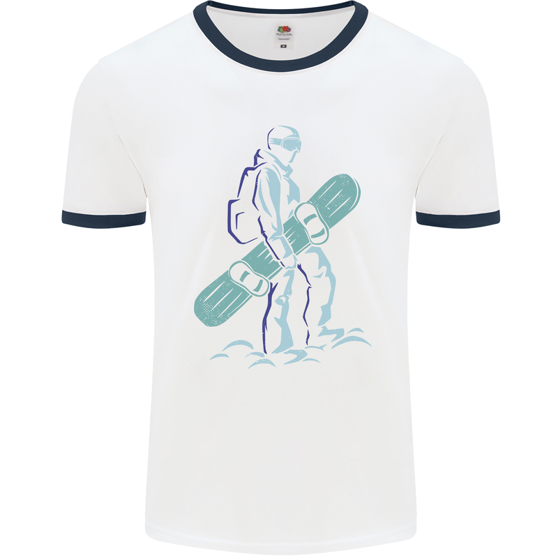 A Snowboarding Figure Snowboarder Mens Ringer T-Shirt White/Navy Blue