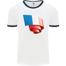 Curled France Flag French Day Football Mens Ringer T-Shirt White/Navy Blue