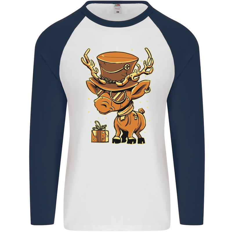 Steampunk Reindeer Funny Christmas Mens L/S Baseball T-Shirt White/Navy Blue