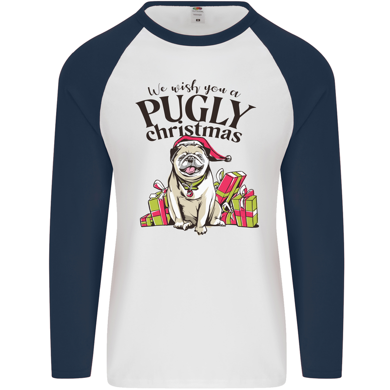 We Wish You a Pugly Christmas Funny Pug Mens L/S Baseball T-Shirt White/Navy Blue