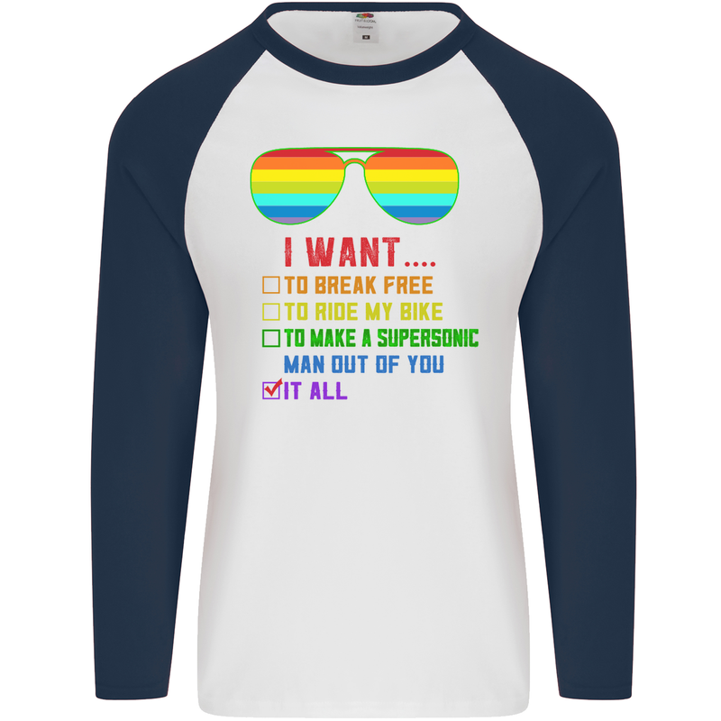 Want to Break Free Ride My Bike Funny LGBT Mens L/S Baseball T-Shirt White/Navy Blue