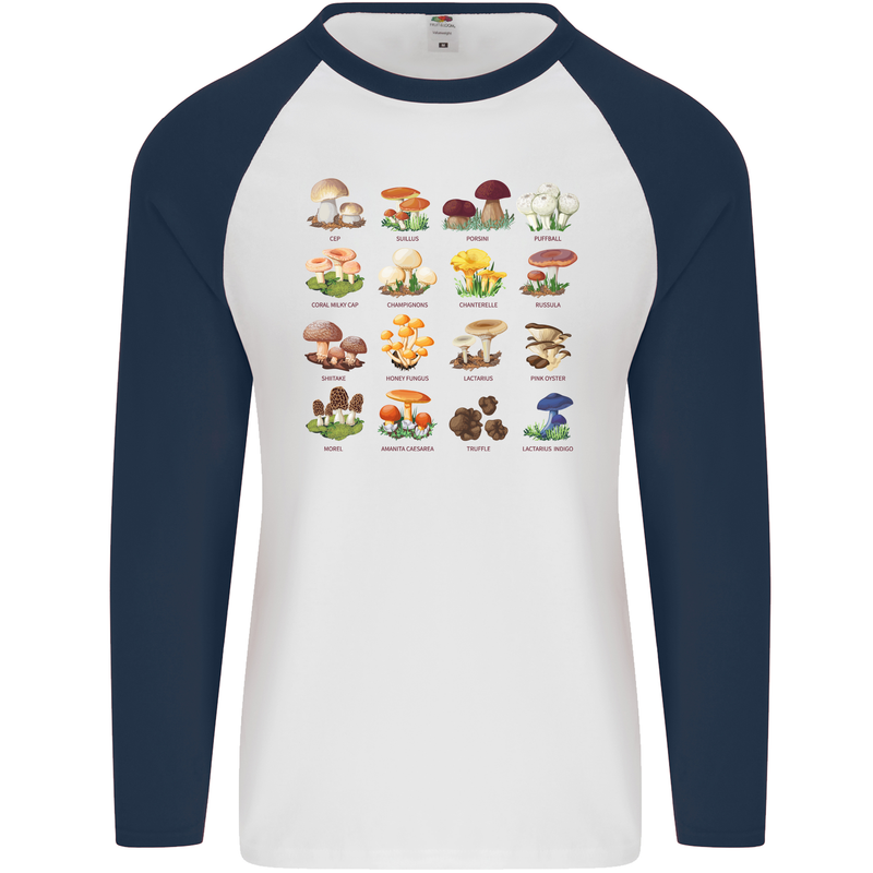 Mushroom Species Mens L/S Baseball T-Shirt White/Navy Blue