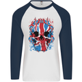 Union Jack Flag Skull Gym MMA Biker Mens L/S Baseball T-Shirt White/Navy Blue