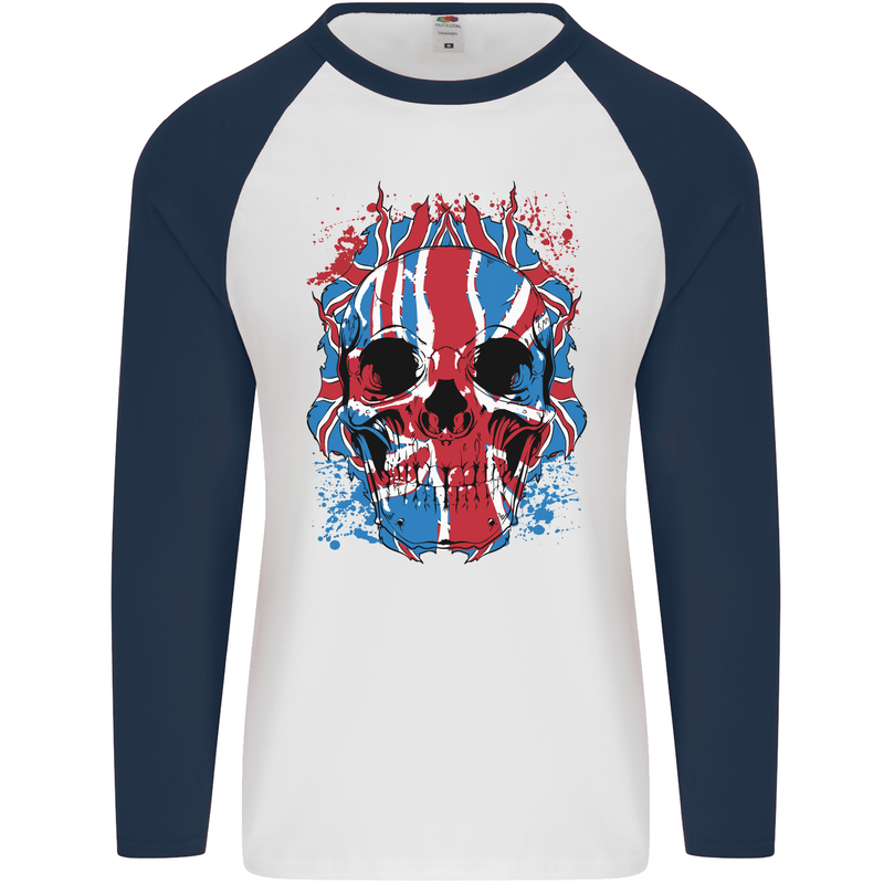 Union Jack Flag Skull Gym MMA Biker Mens L/S Baseball T-Shirt White/Navy Blue