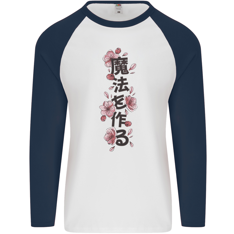 Japanese Flowers Quote Japan Mens L/S Baseball T-Shirt White/Navy Blue