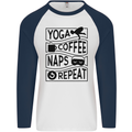 Funny Yoga Coffee Naps Repeat Mens L/S Baseball T-Shirt White/Navy Blue