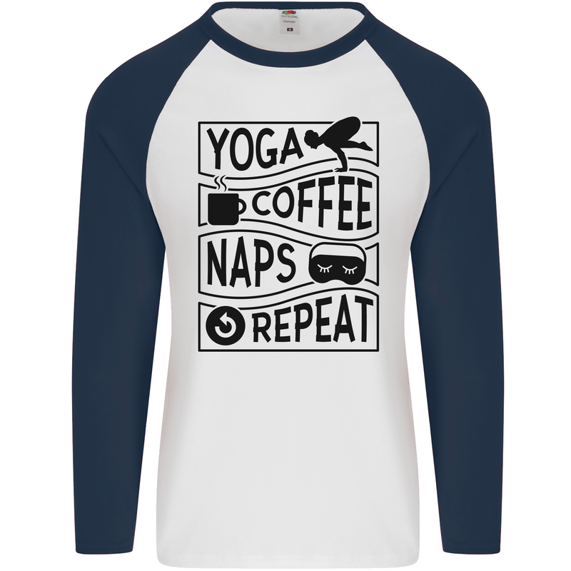 Funny Yoga Coffee Naps Repeat Mens L/S Baseball T-Shirt White/Navy Blue