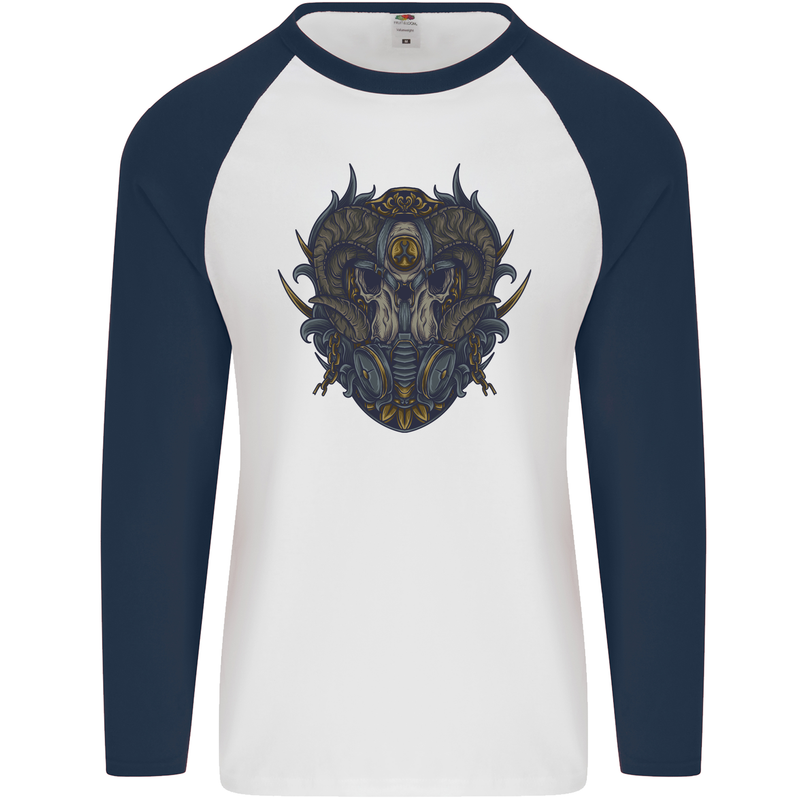 Ram Skull With Respirator Mens L/S Baseball T-Shirt White/Navy Blue