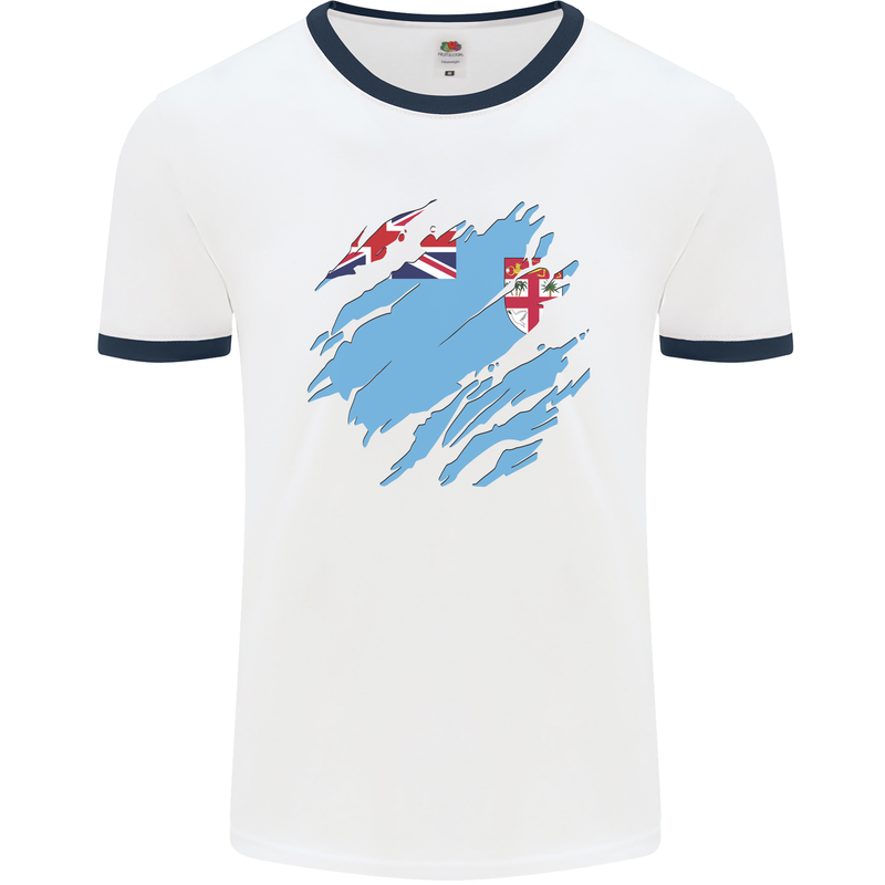 Torn Fiji Flag Fijian Day Football Mens Ringer T-Shirt White/Navy Blue