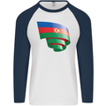 Curled Azerbaijan Flag Azerbaijani Day Football Mens L/S Baseball T-Shirt White/Navy Blue