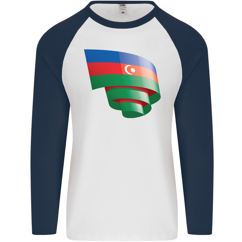 Curled Azerbaijan Flag Azerbaijani Day Football Mens L/S Baseball T-Shirt White/Navy Blue