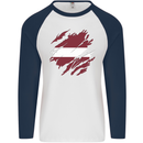 Torn Latvia Flag Latvian Day Football Mens L/S Baseball T-Shirt White/Navy Blue