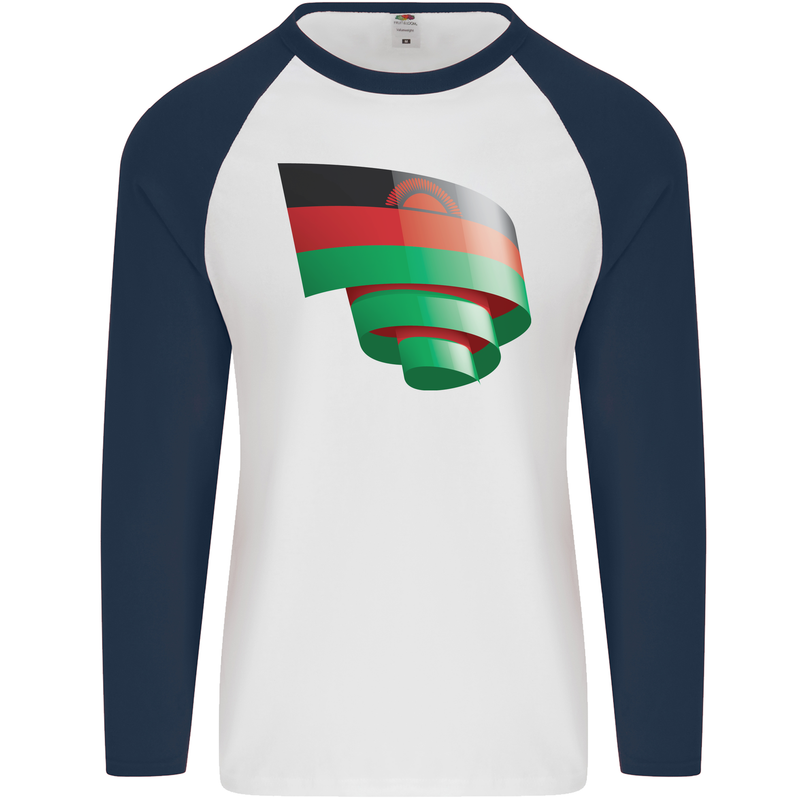 Curled Malawi Flag Malawian Day Football Mens L/S Baseball T-Shirt White/Navy Blue