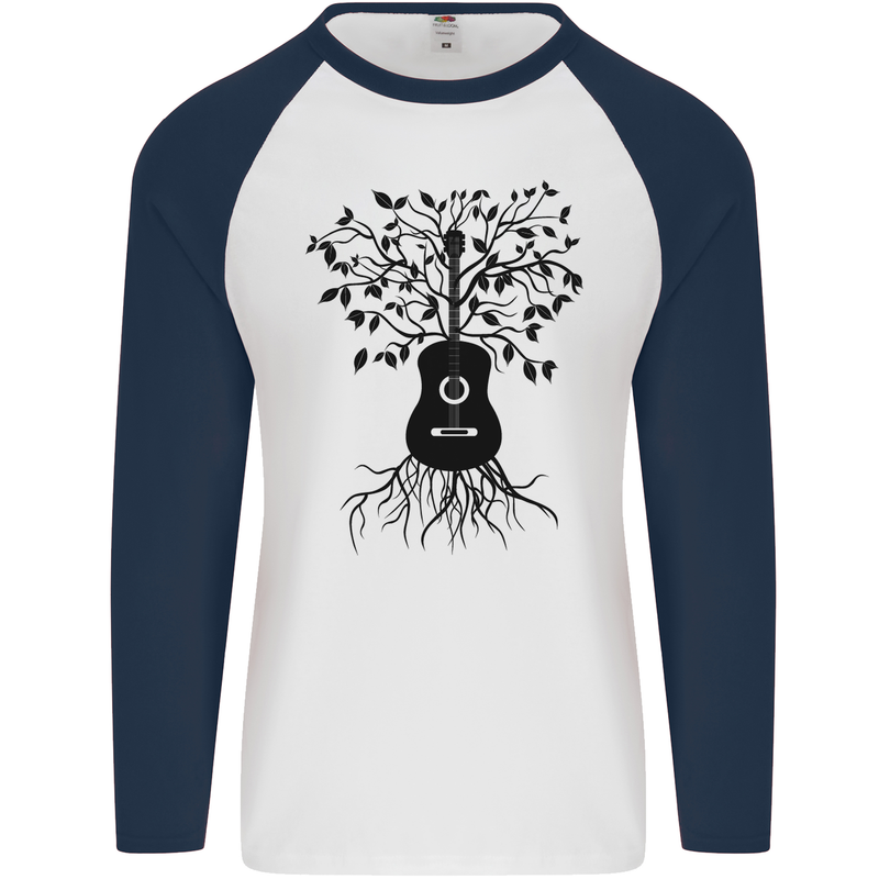 Acoustic Guitar Tree Roots Guitarist Music Mens L/S Baseball T-Shirt White/Navy Blue