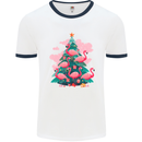 Flamingo Christmas Tree Xmas Mens Ringer T-Shirt White/Navy Blue