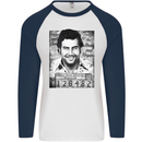 Pablo Escobar Mug Shot Mens L/S Baseball T-Shirt White/Navy Blue