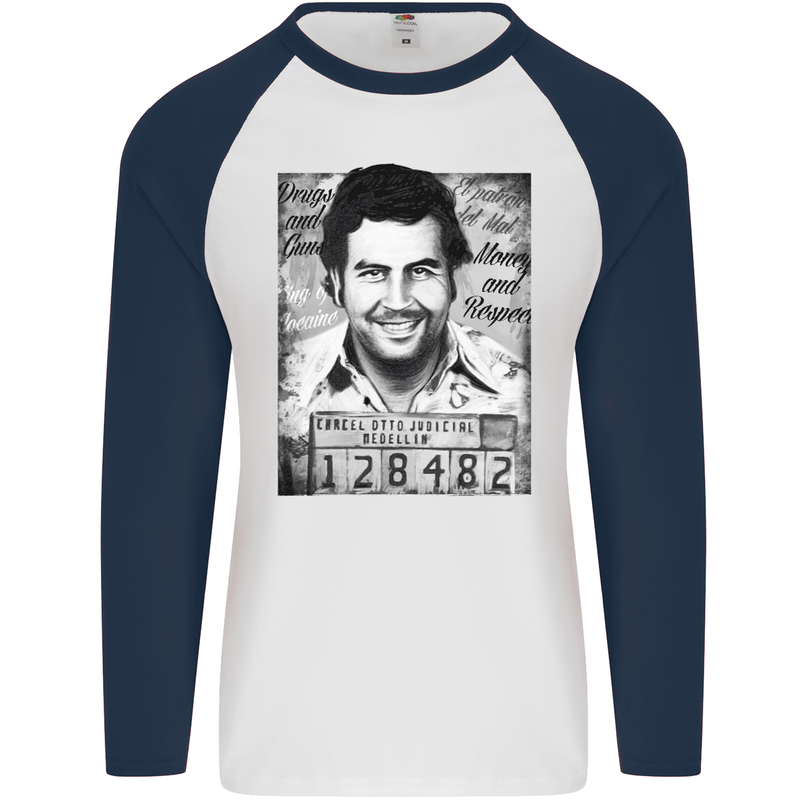 Pablo Escobar Mug Shot Mens L/S Baseball T-Shirt White/Navy Blue