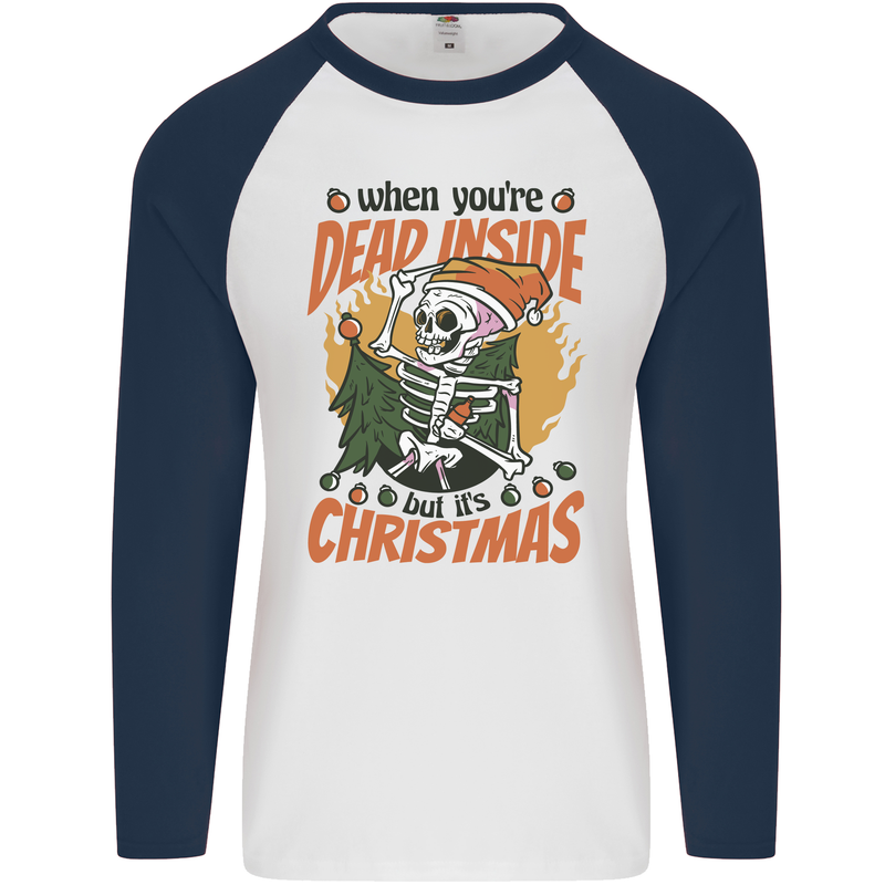 Dead Inside at Christmas Xmas Skull Mens L/S Baseball T-Shirt White/Navy Blue