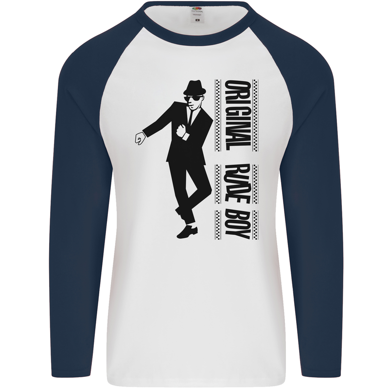 Original Rude Boy 2Tone 2 Tone SKA Mens L/S Baseball T-Shirt White/Navy Blue