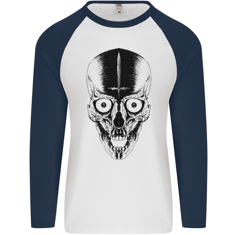 Skull With a Sword Gothic Heavy Metal Rock Mens L/S Baseball T-Shirt White/Navy Blue