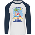 Christmas in July Summer Santa Clause Beach Mens L/S Baseball T-Shirt White/Navy Blue